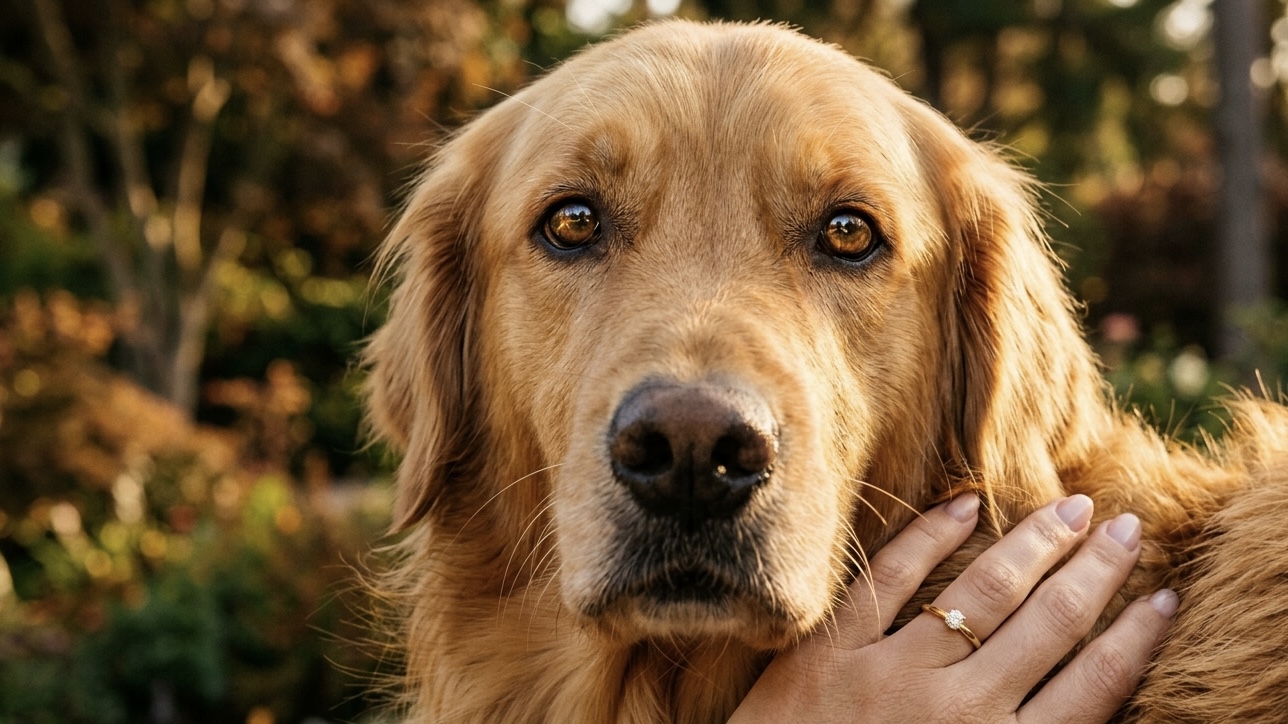 Zbliżenie golden retrievera z dłonią właściciela na sierści